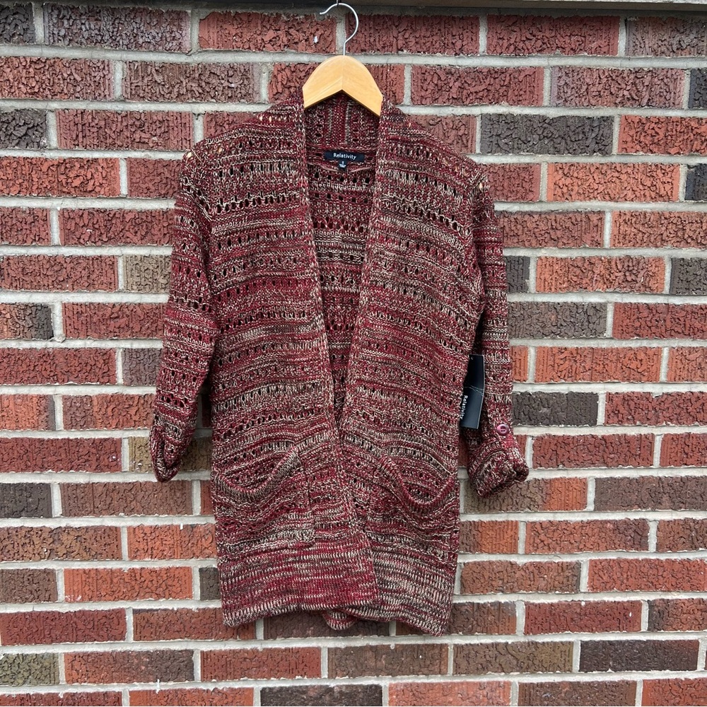 Relativity Burgundy Marled Loose Knit Chunky Knit Sweater Cardigan
